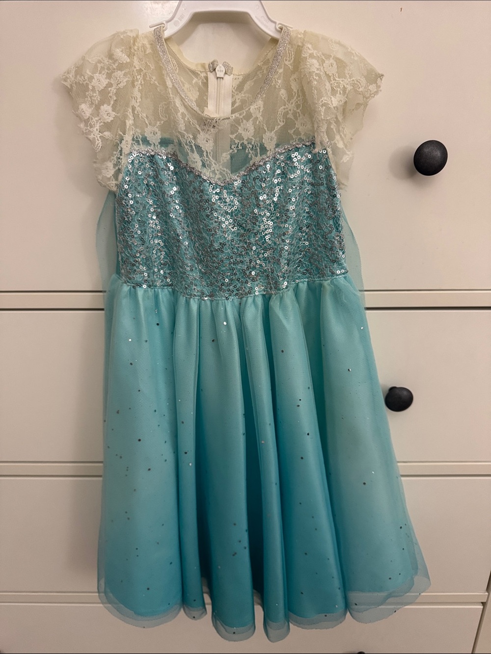 Girls Light Blue Sequin Tulle Dress with Cream Lace Yoke